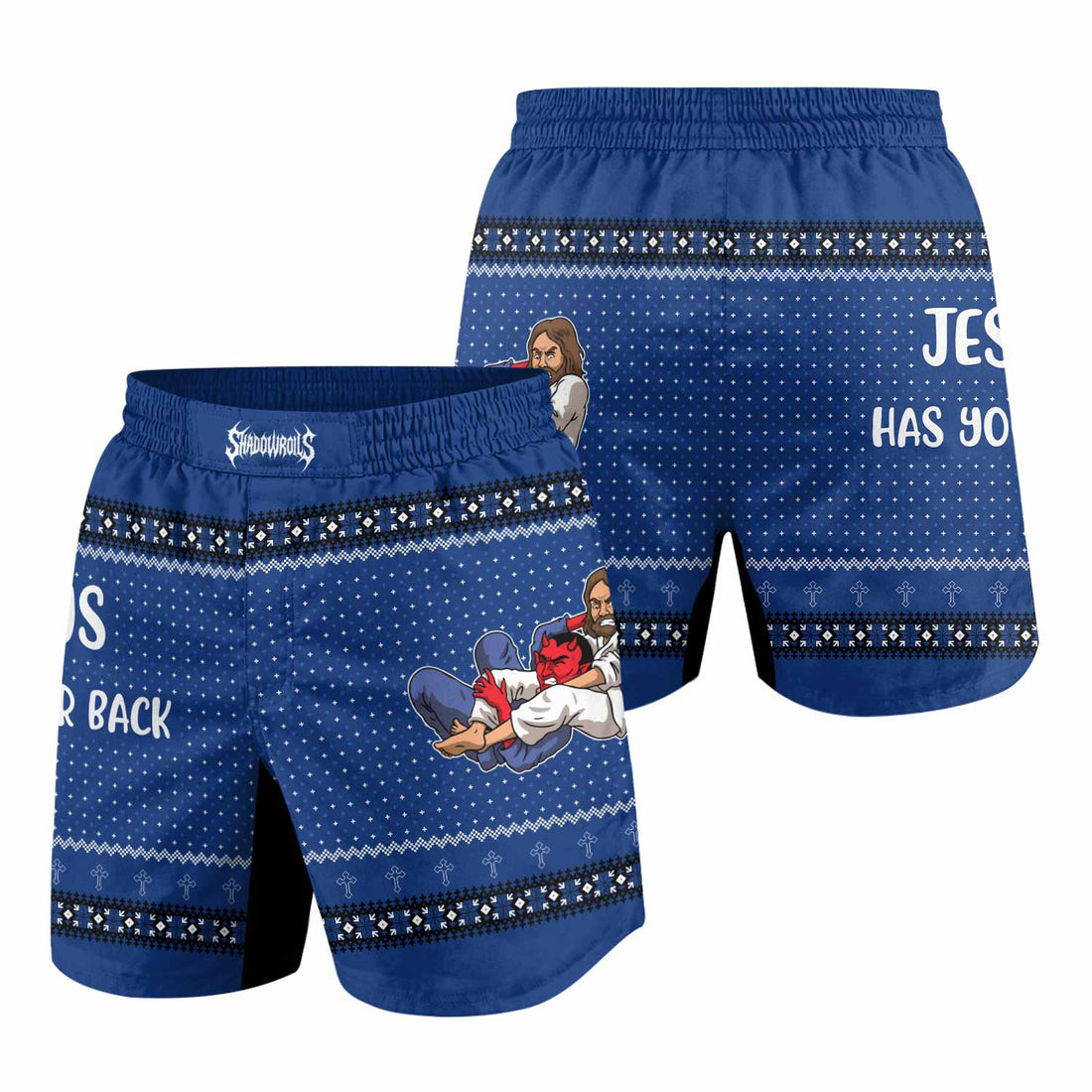Jesus Has Your Back Blue Grappling Shorts - front and back view