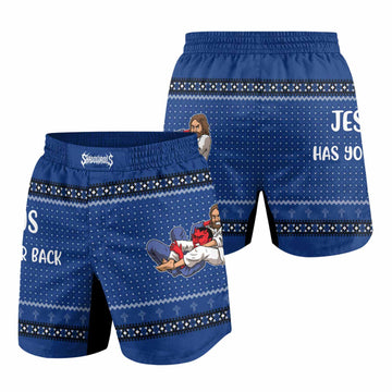 Jesus Has Your Back Blue Grappling Shorts - front and back view