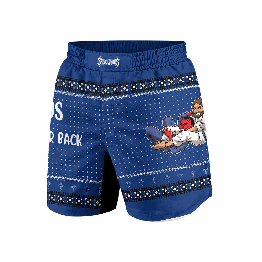 Jesus Has Your Back Blue Grappling Shorts - front and back view