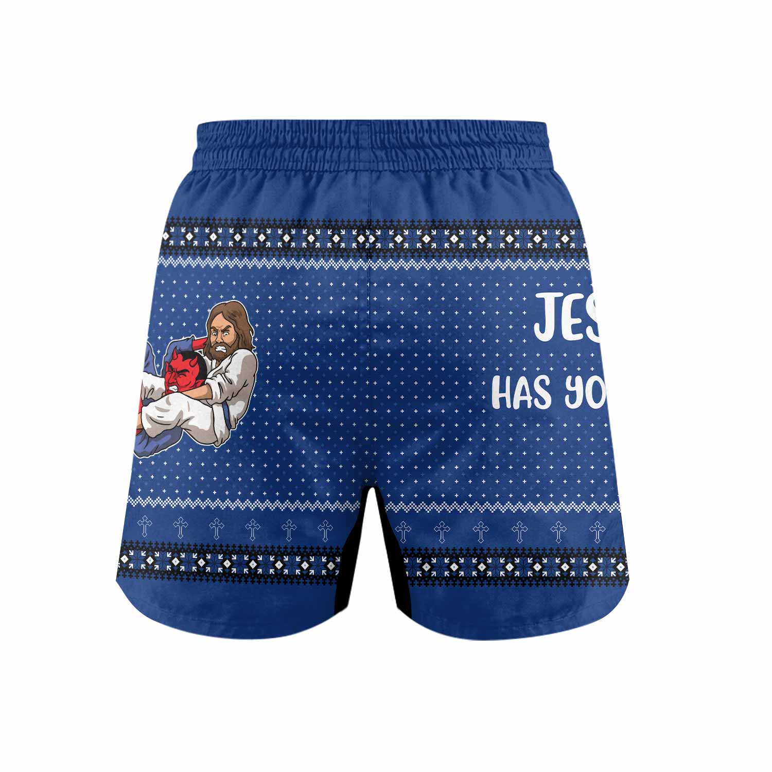 Jesus Has Your Back Blue Grappling Shorts - back view mockup