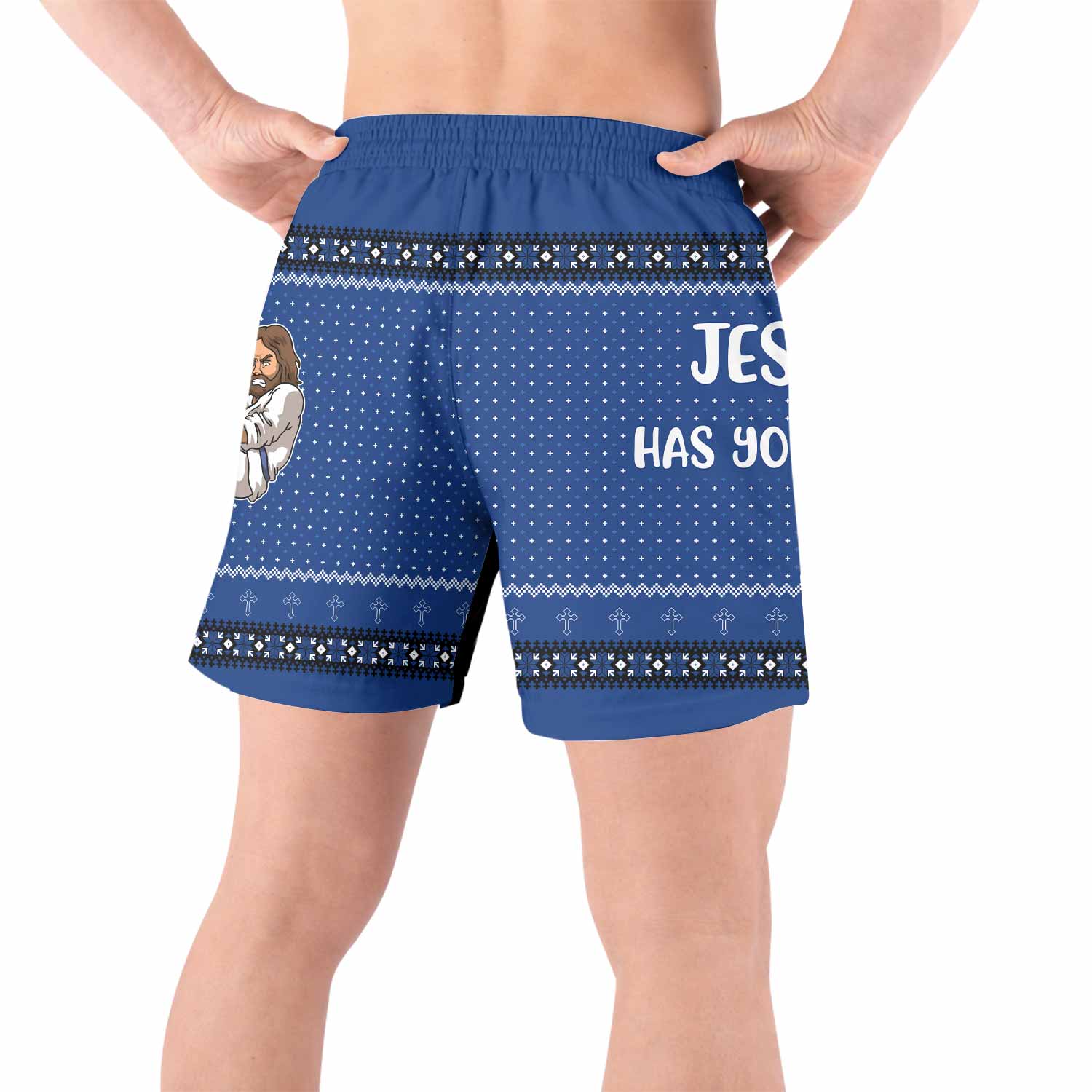 Jesus Has Your Back Blue Grappling Shorts - back view lifestyle