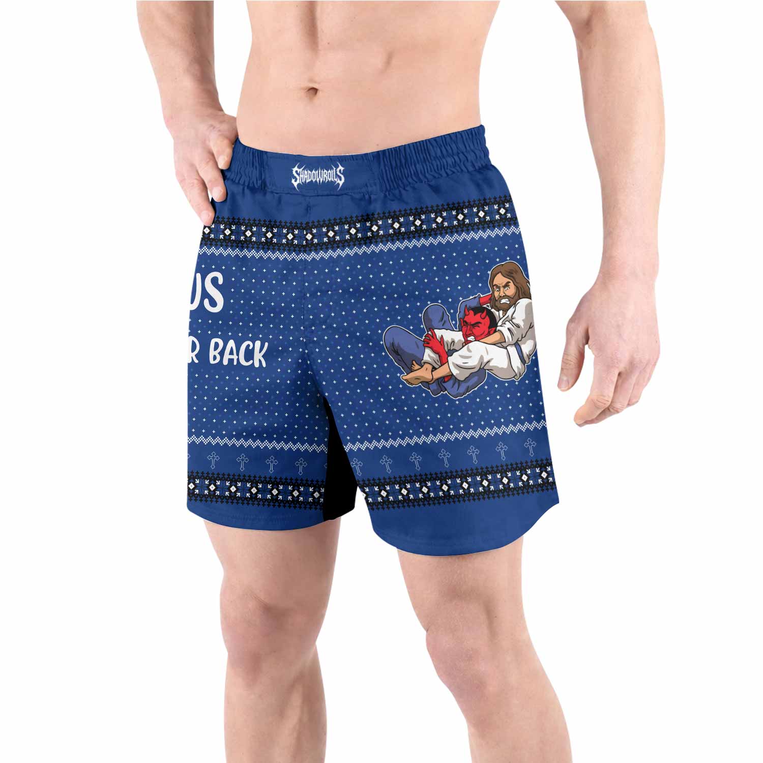 Jesus Has Your Back Blue Grappling Shorts - front view lifestyle