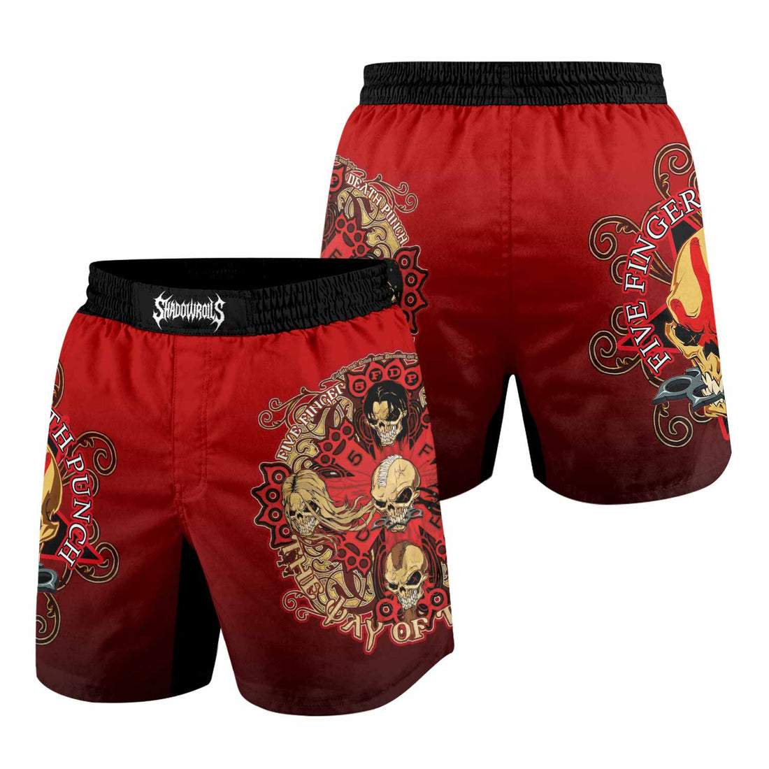 5FDP Five Finger Death Punch Grappling Shorts - front and back view