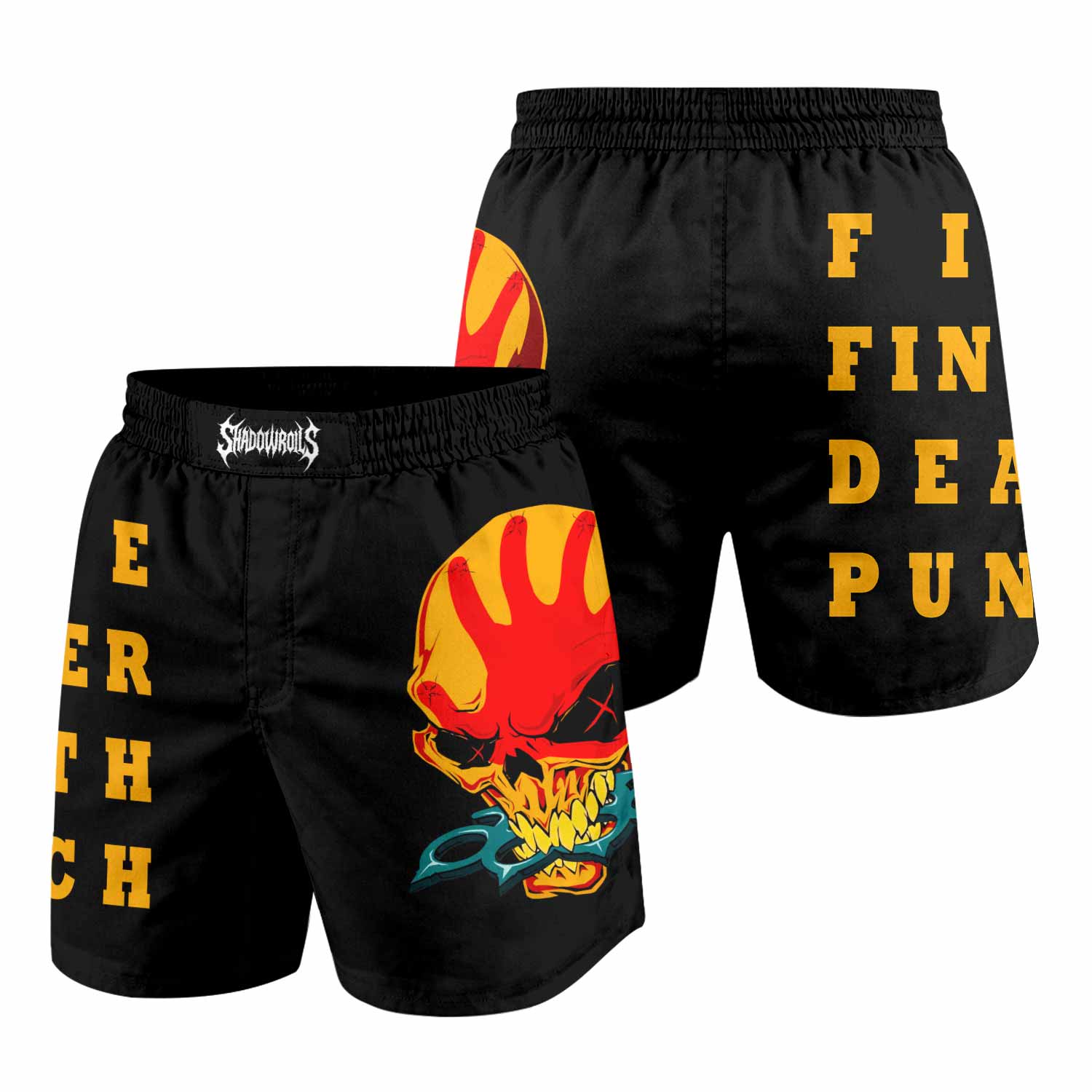 Five Finger Death Punch Camo Grappling Shorts - front and back view