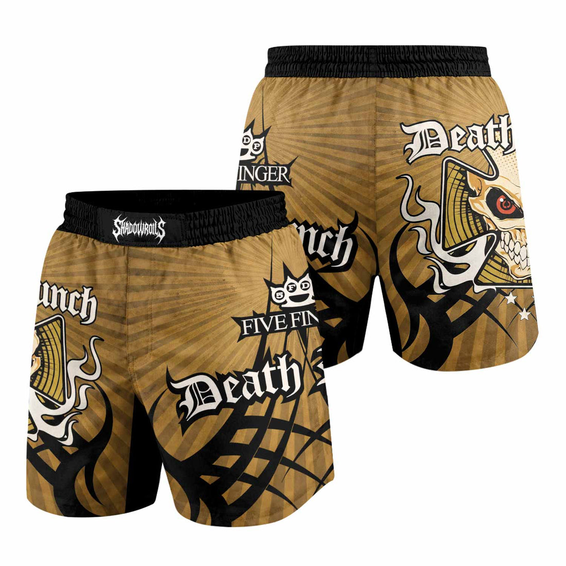 Five Finger Death Punch Gold V Grappling Shorts - front and back view