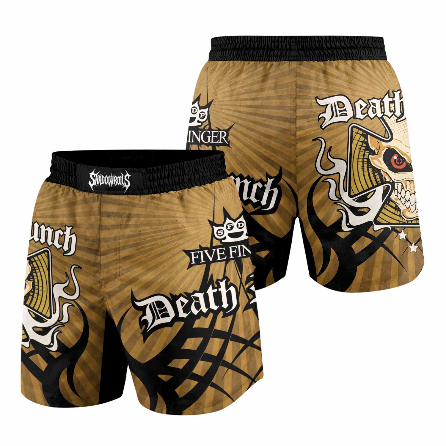 Five Finger Death Punch Gold V Grappling Shorts - front and back view