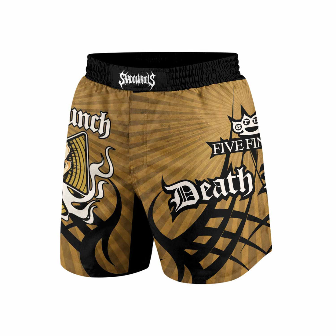 Five Finger Death Punch Gold V Grappling Shorts - front and back view
