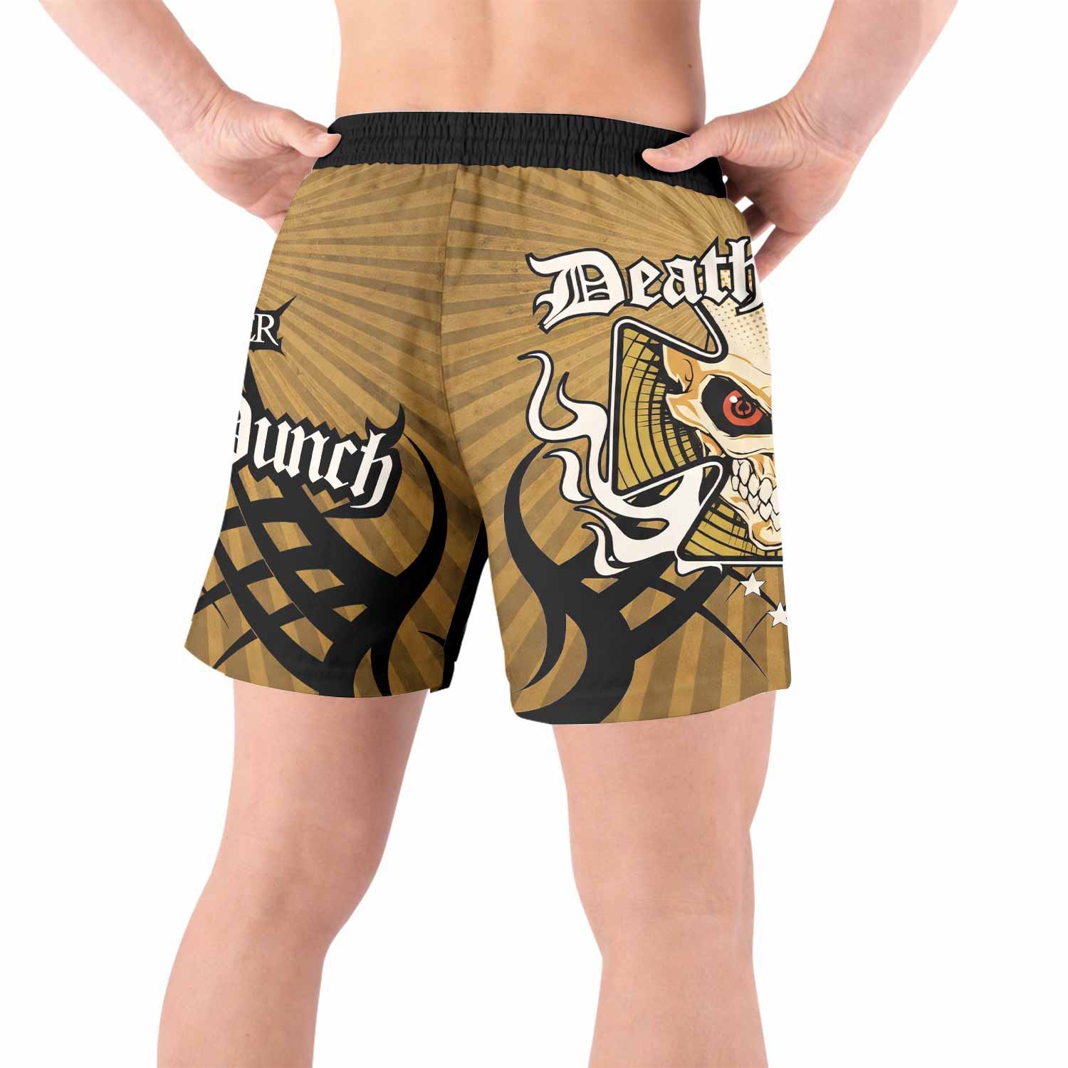 Five Finger Death Punch Gold V Grappling Shorts - back view lifestyle