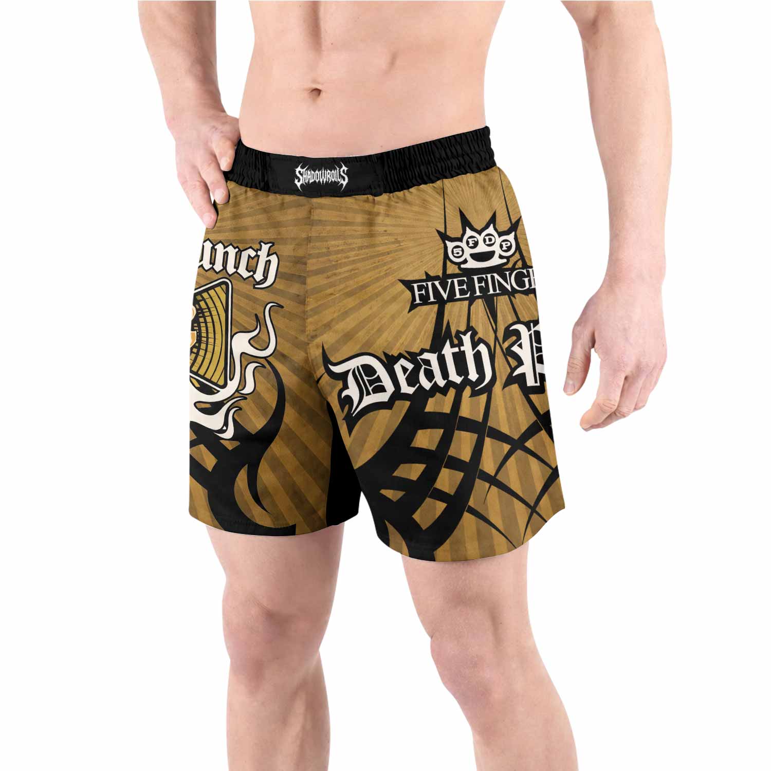 Five Finger Death Punch Gold V Grappling Shorts - front view lifestyle
