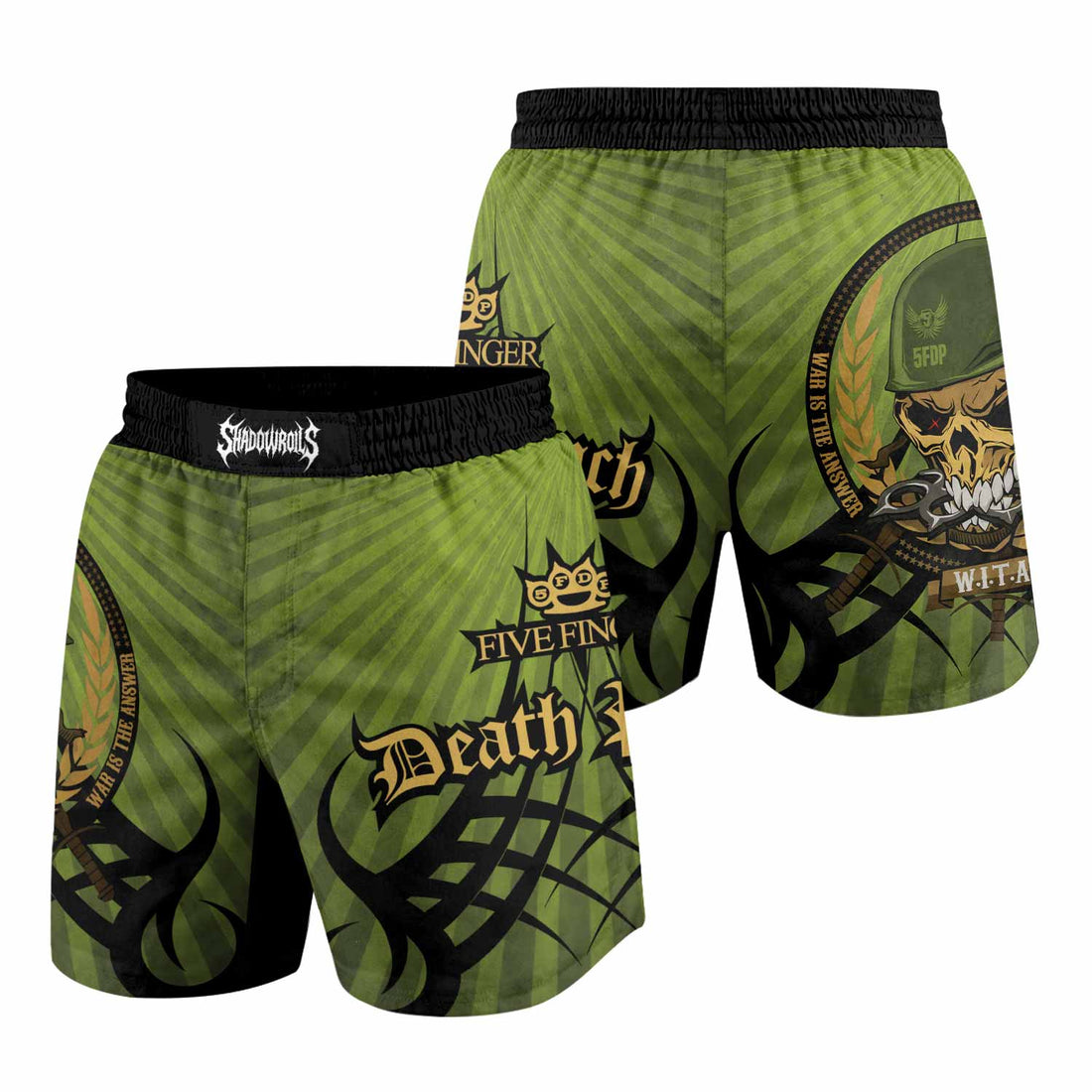 Five Finger Death Punch Green V Grappling Shorts - front and back view