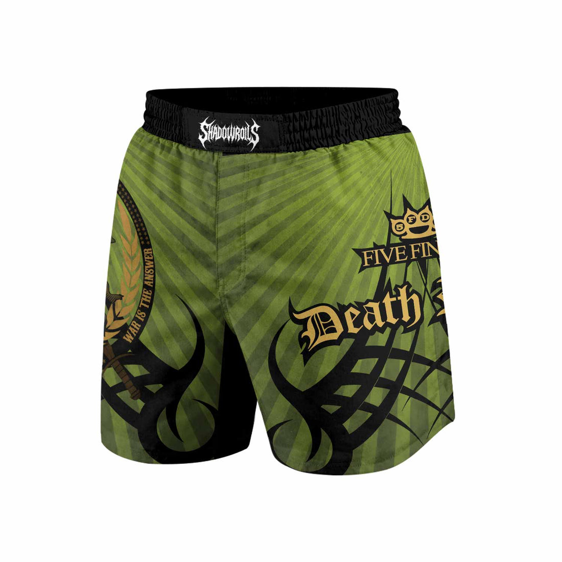 Five Finger Death Punch Green V Grappling Shorts - front and back view