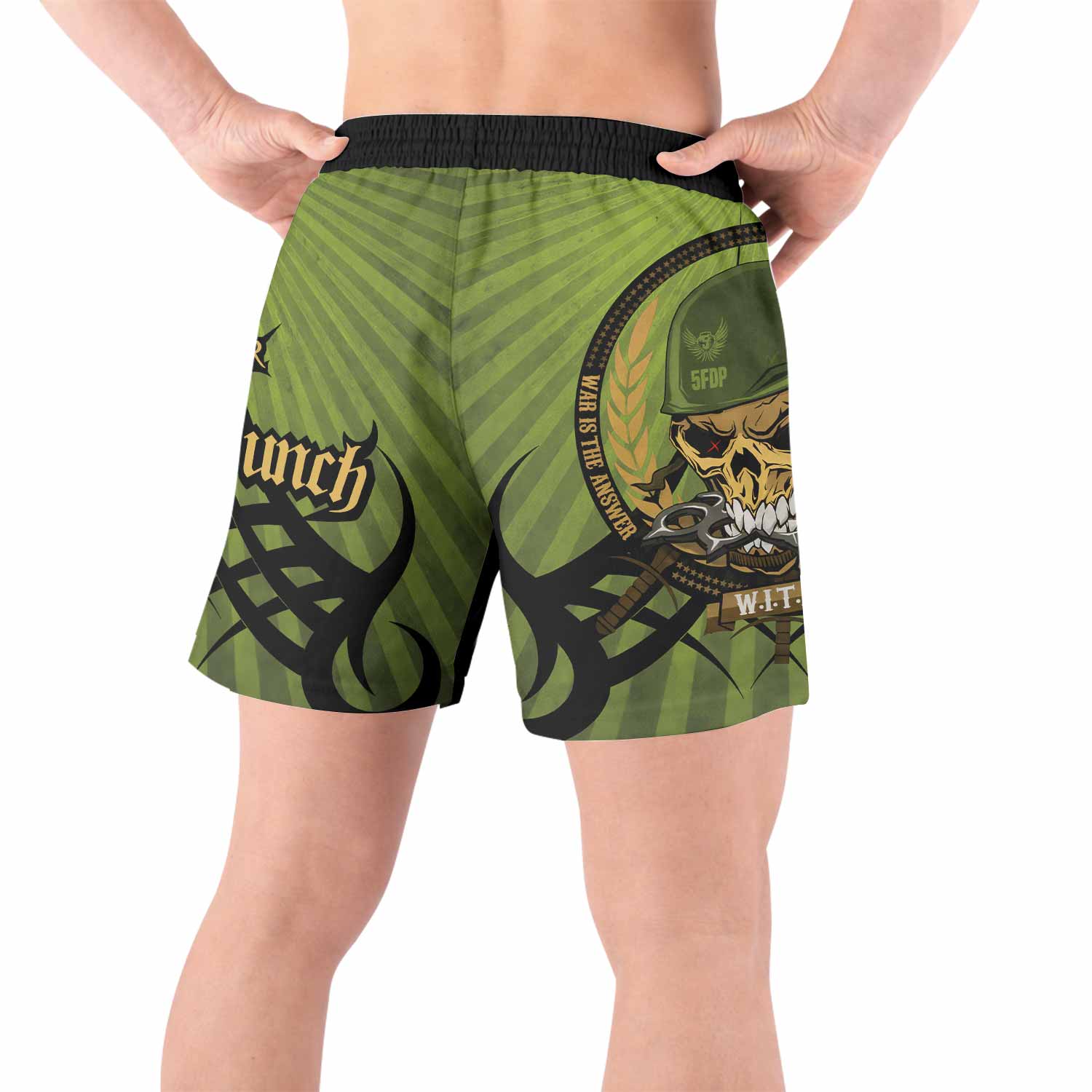 Five Finger Death Punch Green V Grappling Shorts - back view lifestyle