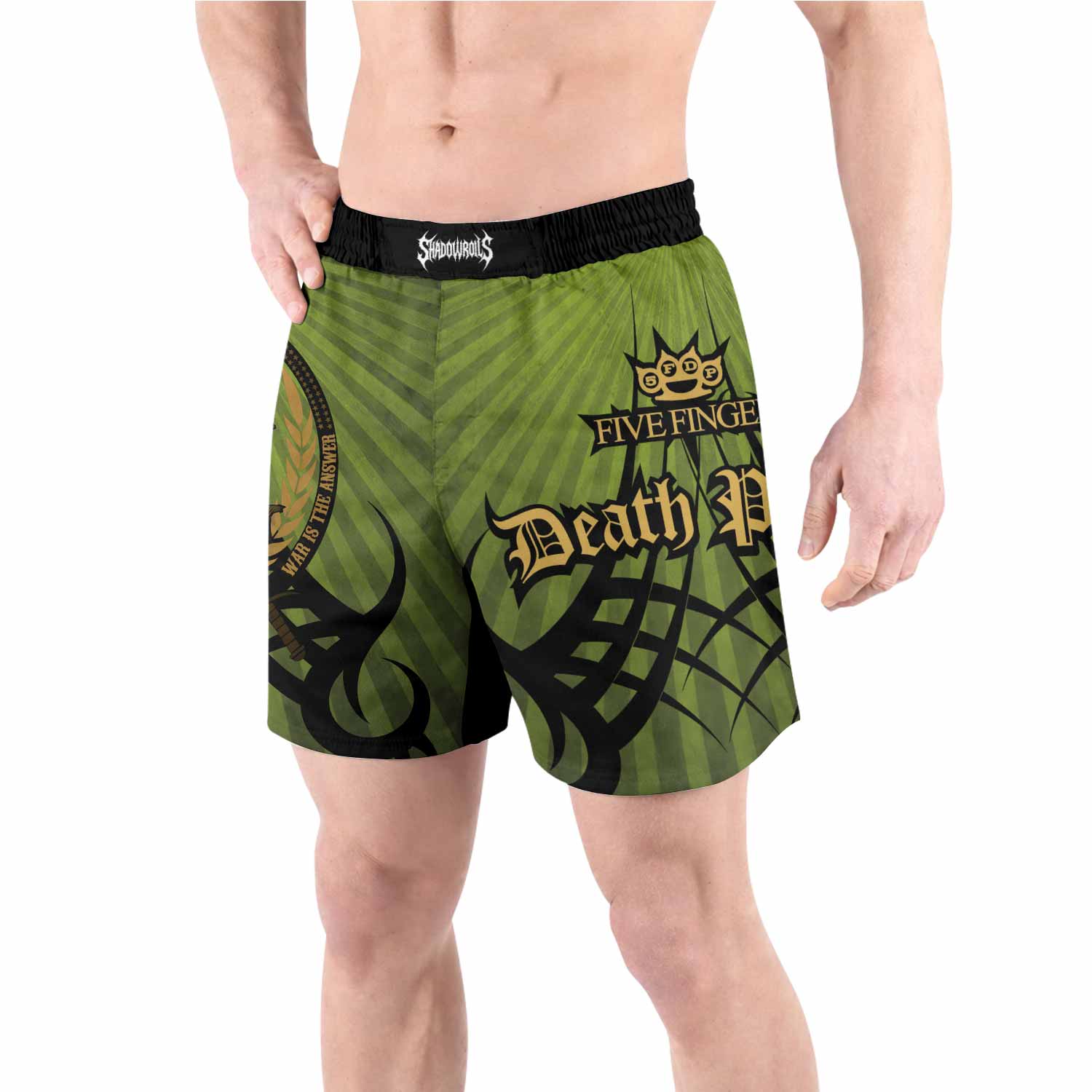 Five Finger Death Punch Green V Grappling Shorts - front view lifestyle