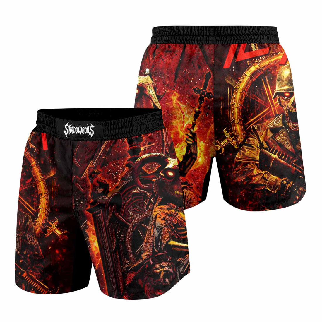 Slayer Goat Skull Grappling Shorts - front and back view