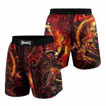 Slayer Goat Skull Grappling Shorts - front and back view