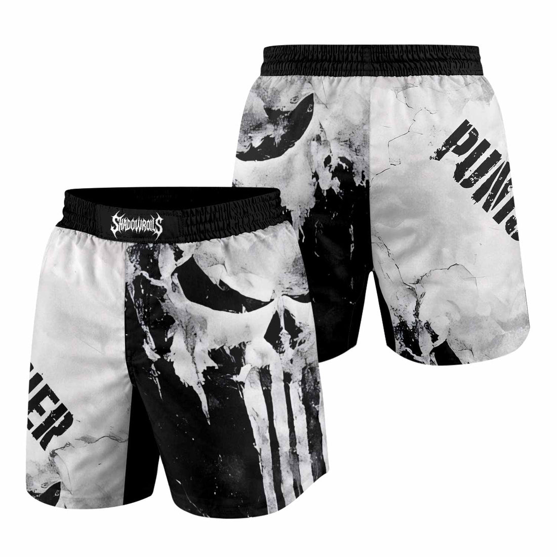 Punisher Ghost Skull Grappling Shorts - front and back view
