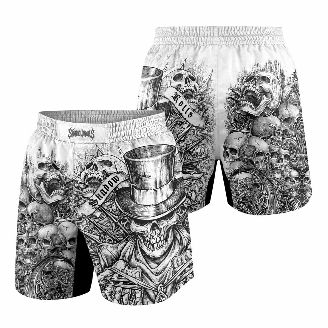Memento Mori Skull Grappling Shorts - front and back view