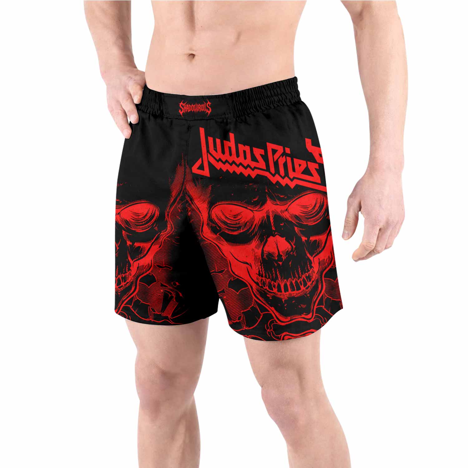 Judas Priest Skull Grappling Shorts - front view lifestyle
