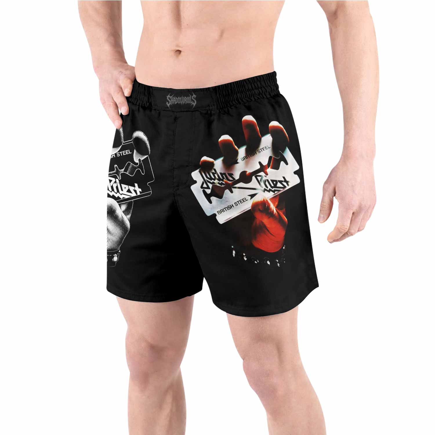 Judas Priest British Steel Grappling Shorts - front view lifestyle