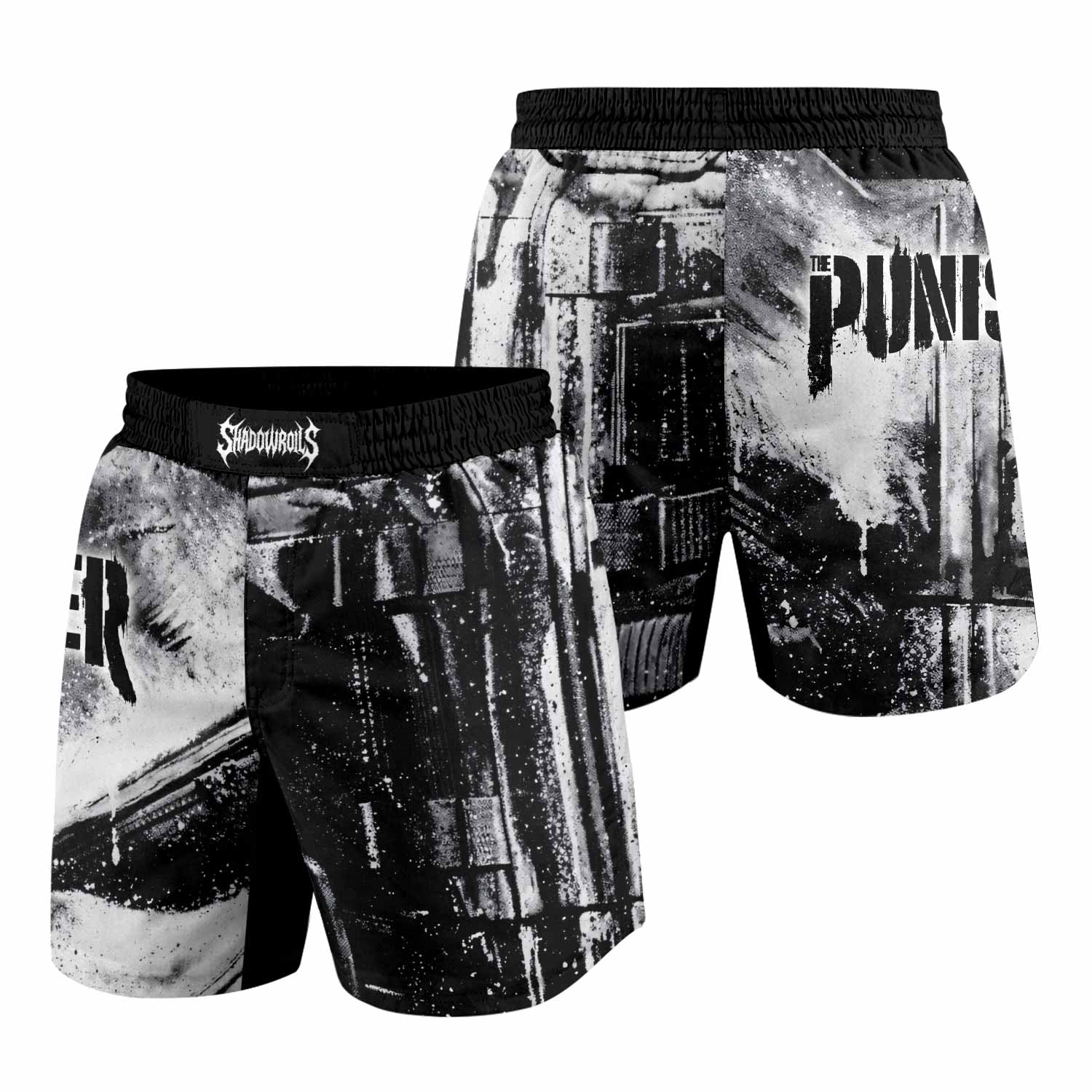 The Punisher War Mask Grappling Shorts - front and back view