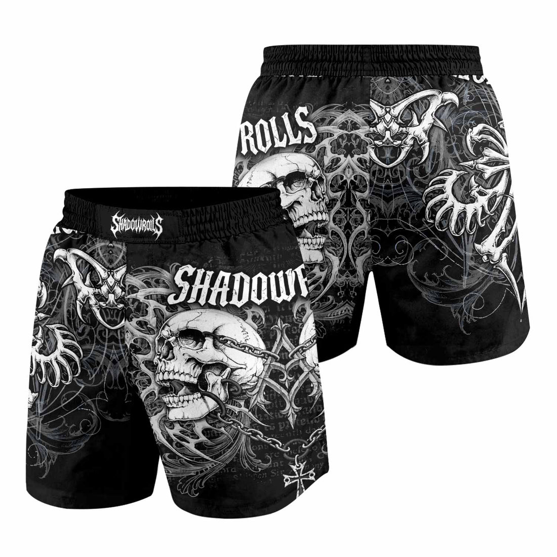 Shadowrolls Skull Cross Grappling Shorts - front and back view