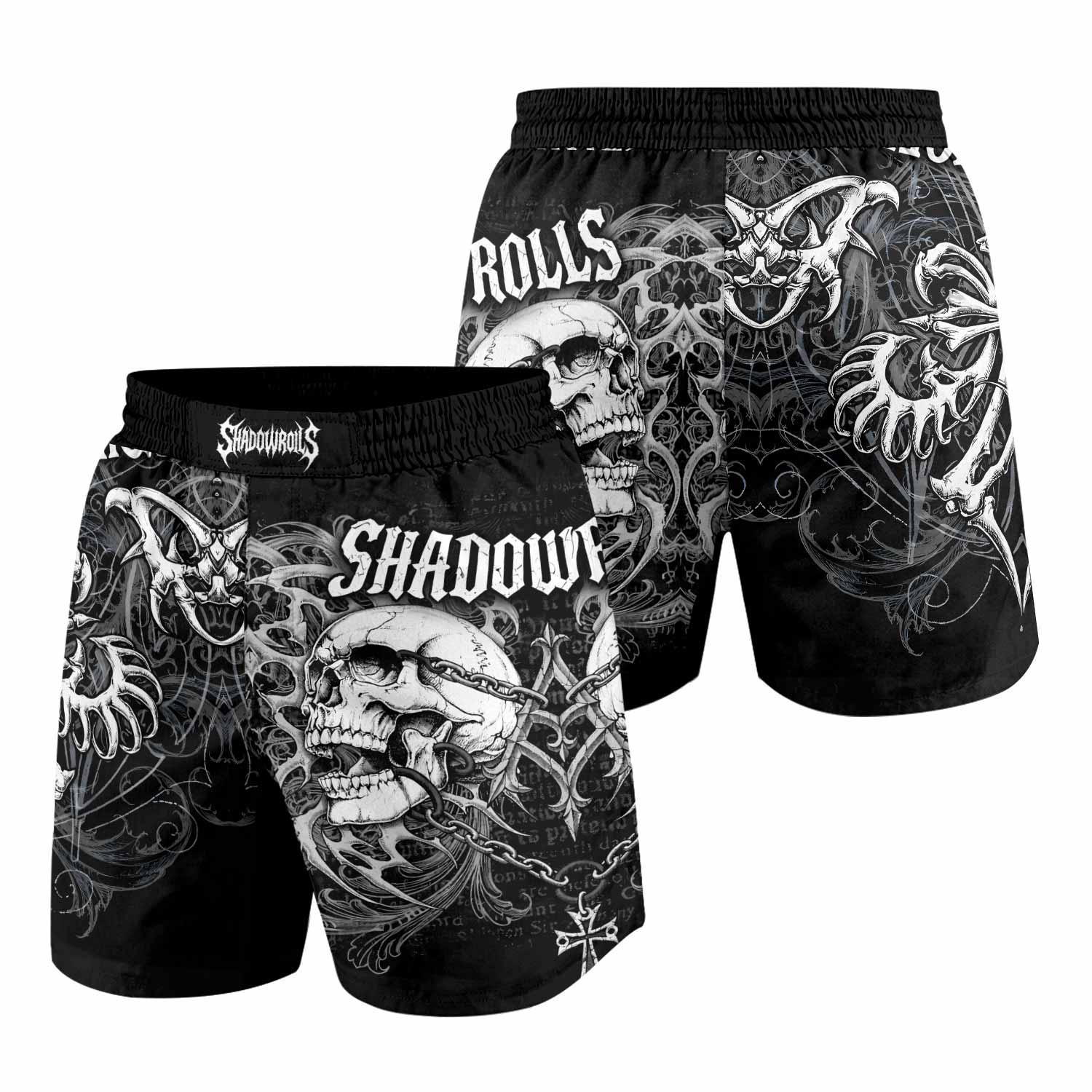 Shadowrolls Skull Cross Grappling Shorts - front and back view