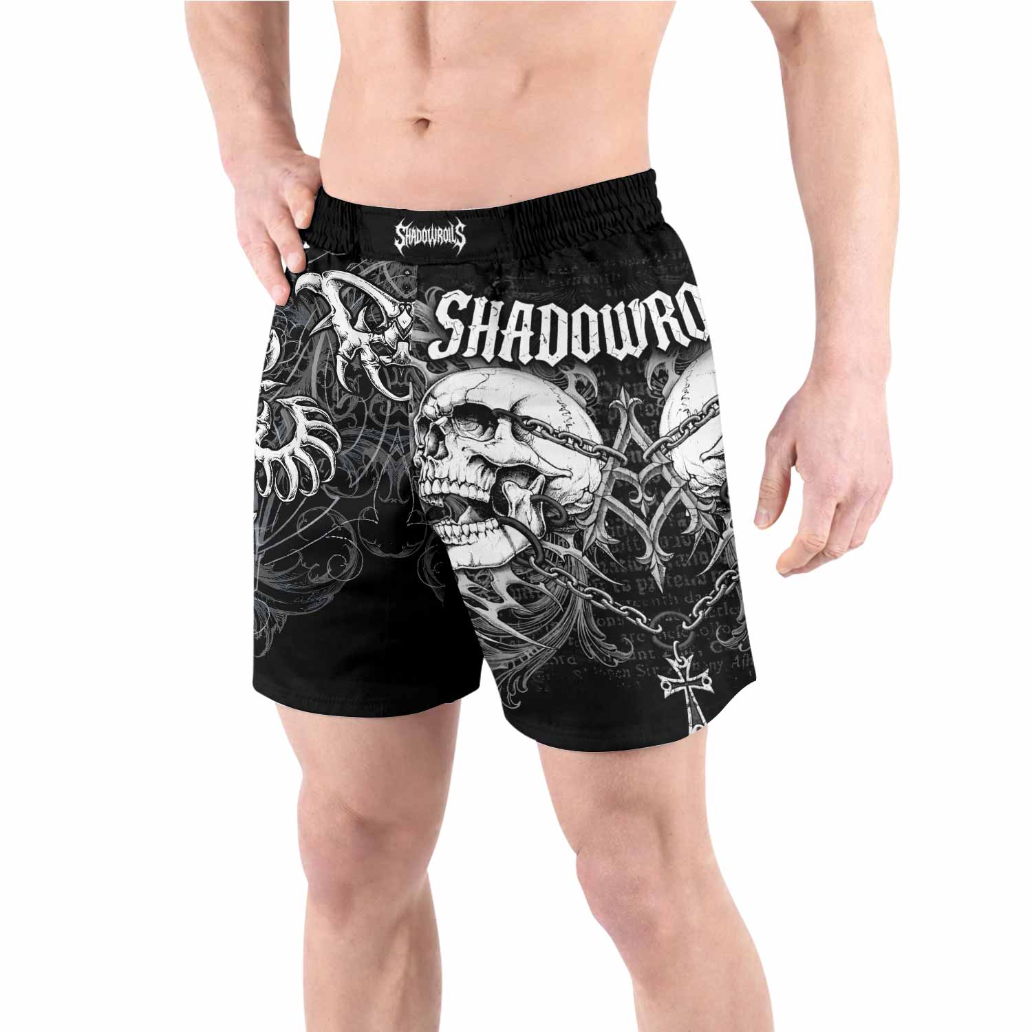 Shadowrolls Skull Cross Grappling Shorts - front view lifestyle