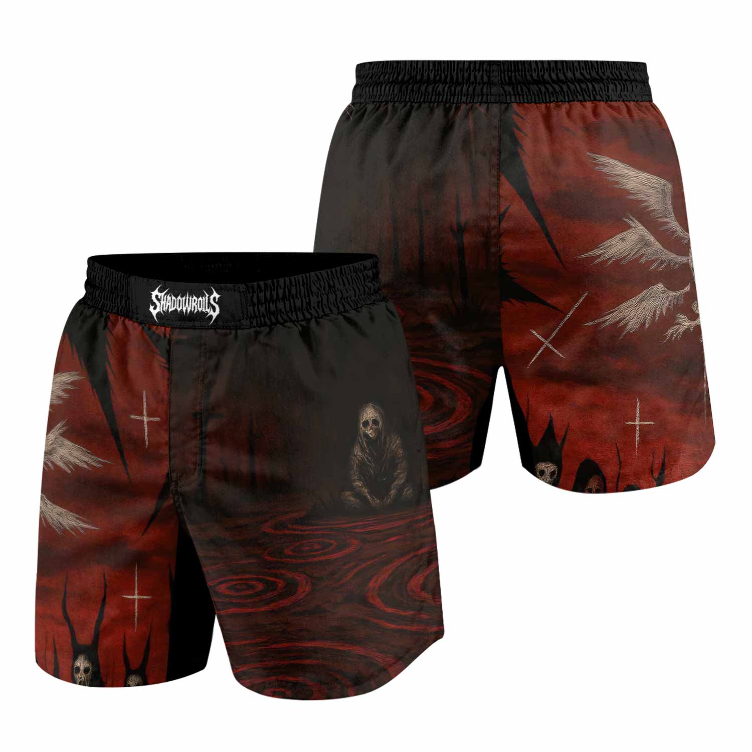 Occult Fallen Seraph Ritual Grappling Shorts - front and back view