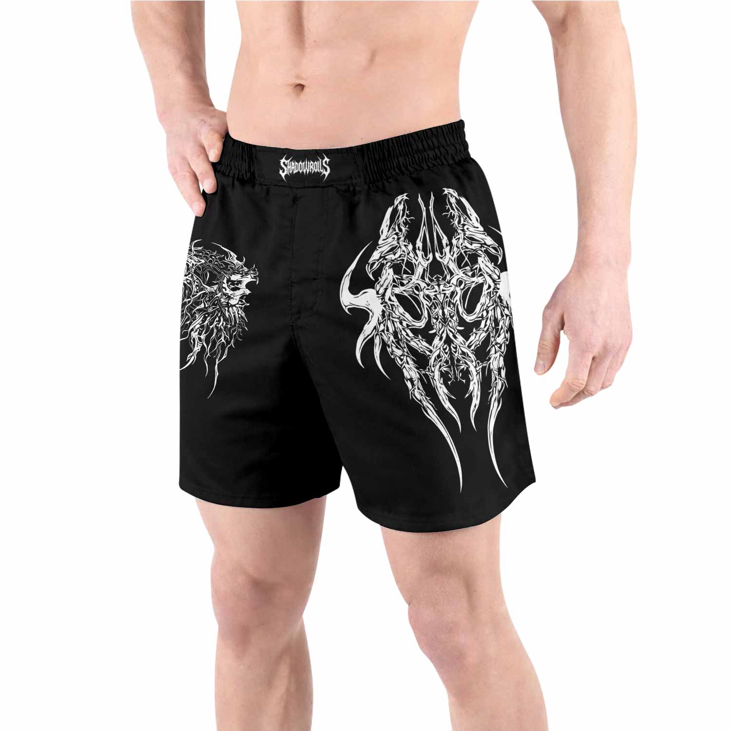 Gothic Bone Skull Grappling Shorts - front view lifestyle