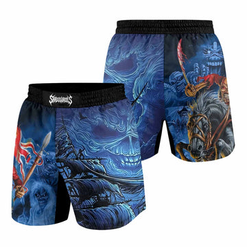 Iron Maiden England Flag Grappling Shorts - front and back view