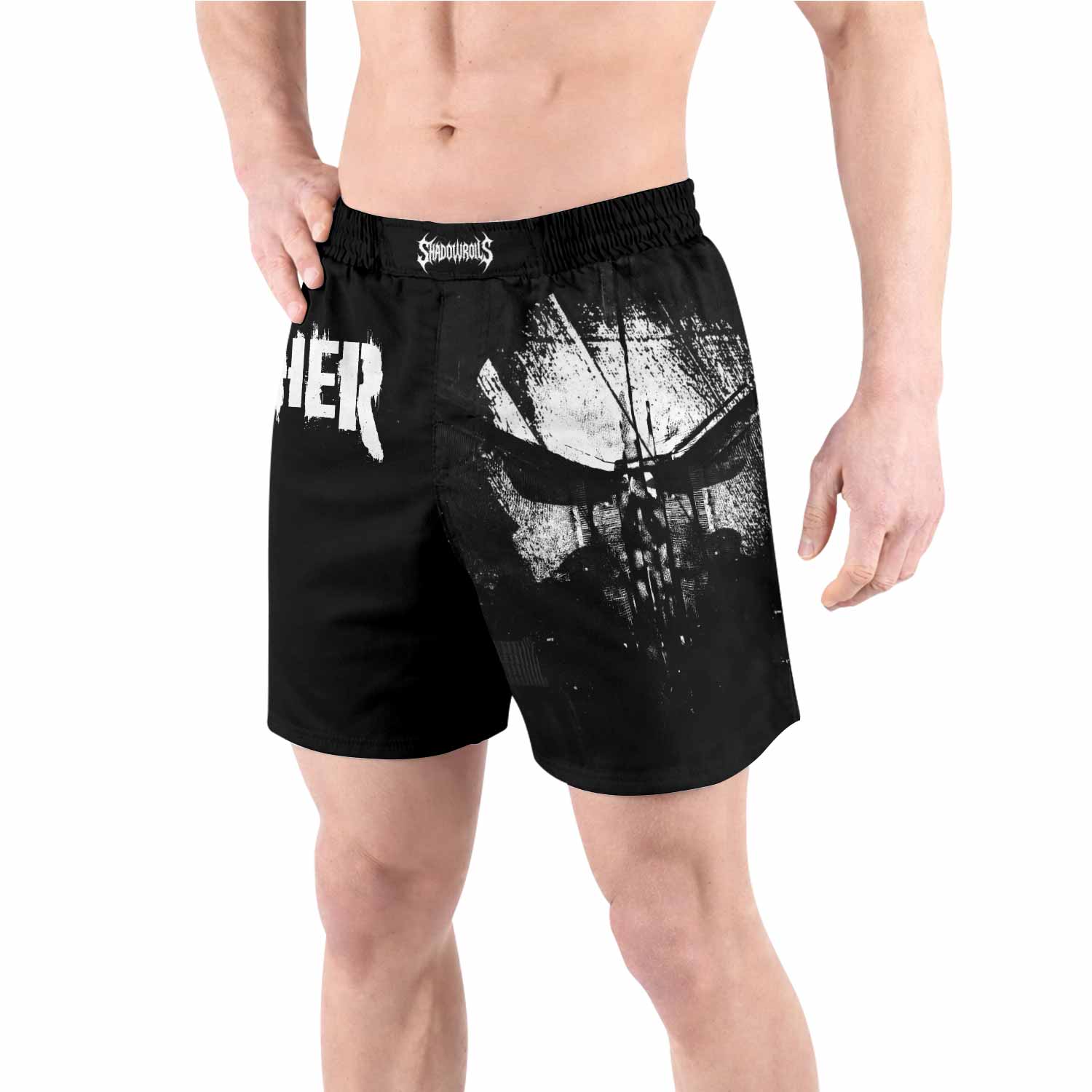 The Punisher Skull Camouflage Grappling Shorts - front view lifestyle