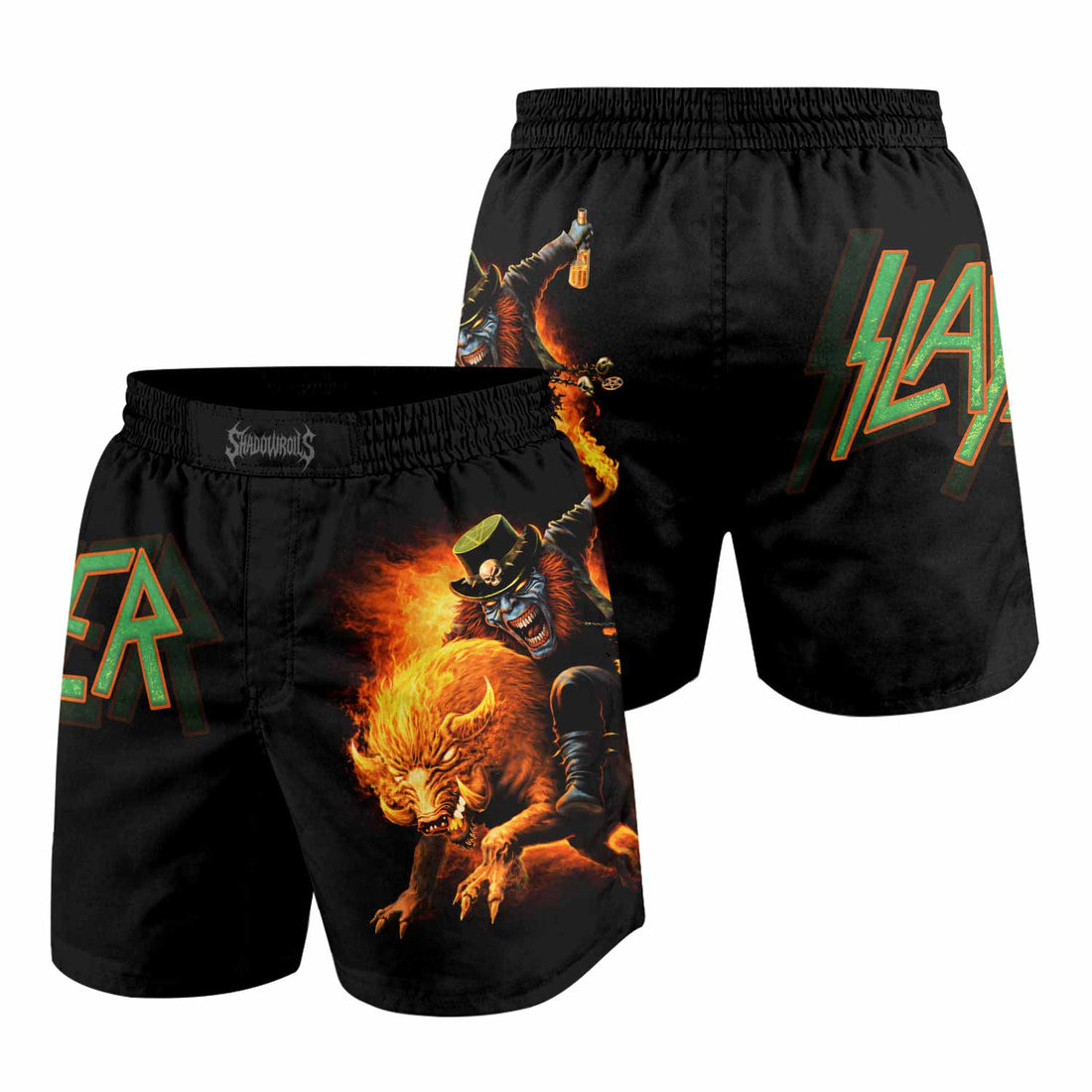 Slayer Hellfire Demon Grappling Shorts - front and back view