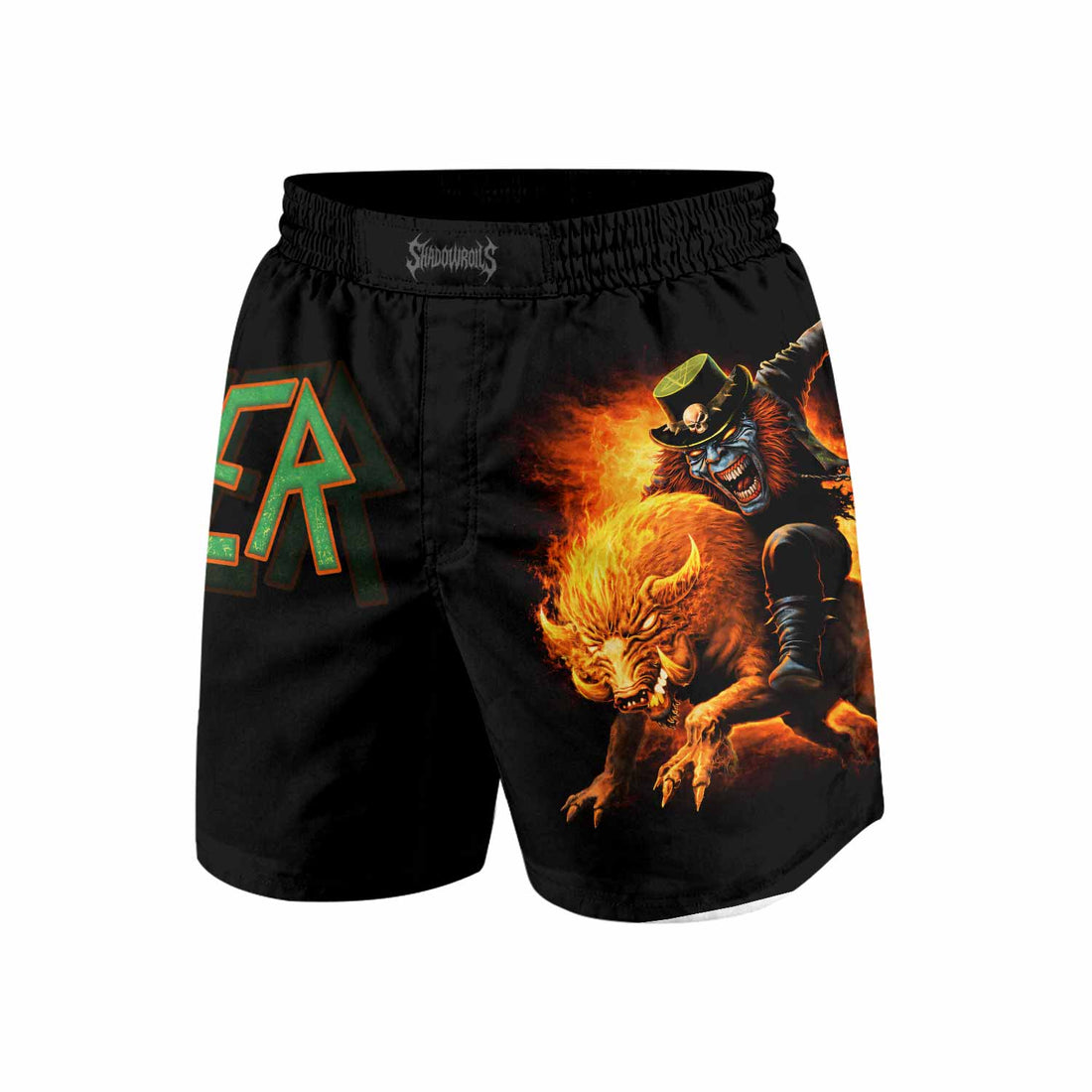 Slayer Hellfire Demon Grappling Shorts - front and back view