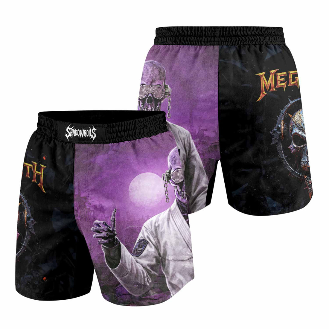 Megadeth Vic Rattlehead Grappling Shorts - front and back view