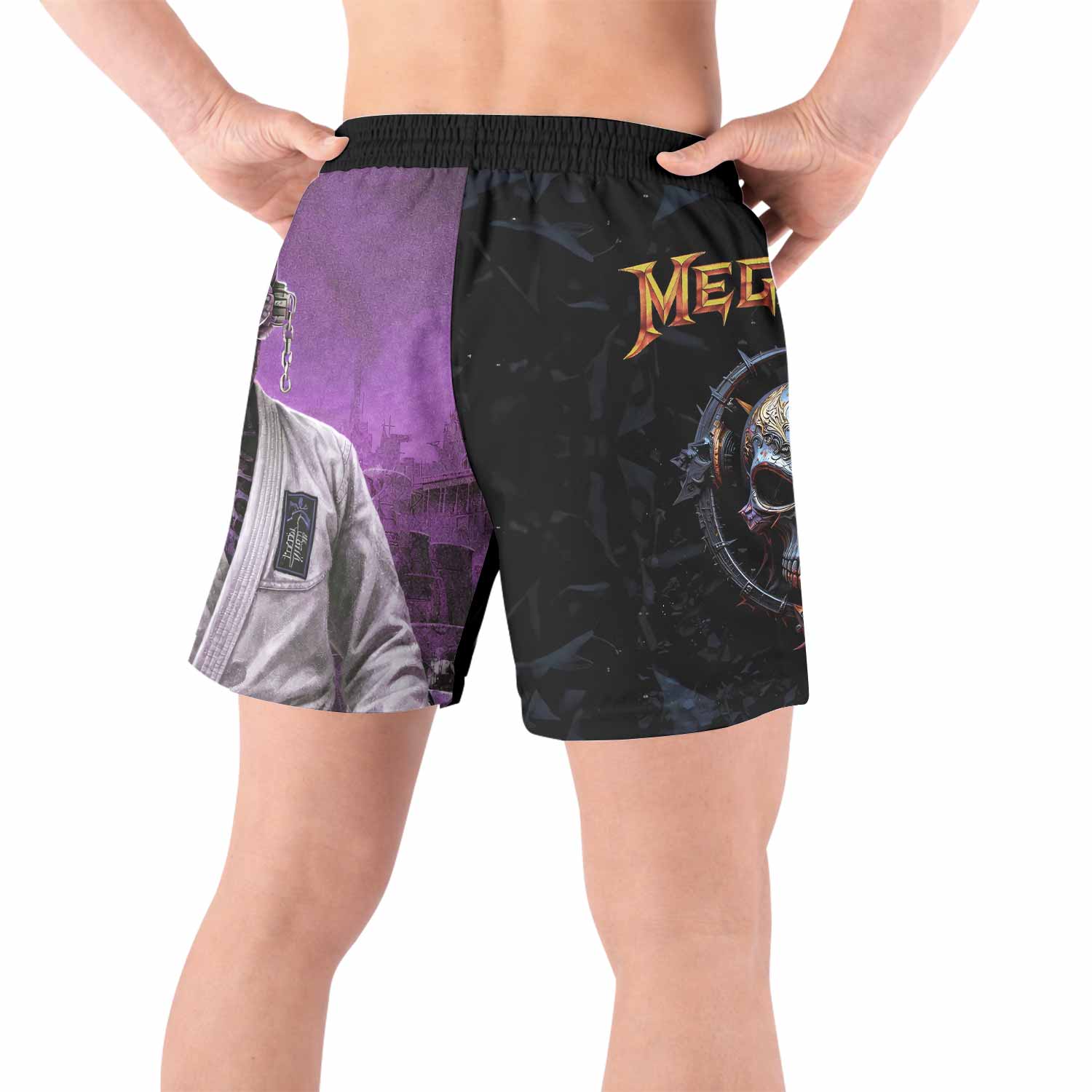 Megadeth Vic Rattlehead Grappling Shorts - back view lifestyle