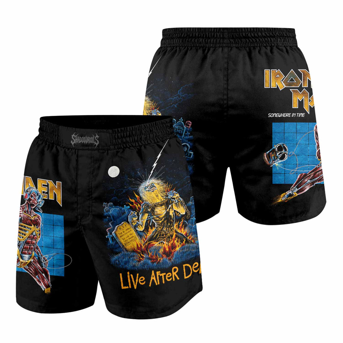 Iron Maiden Live After Death Grappling Shorts - front and back view