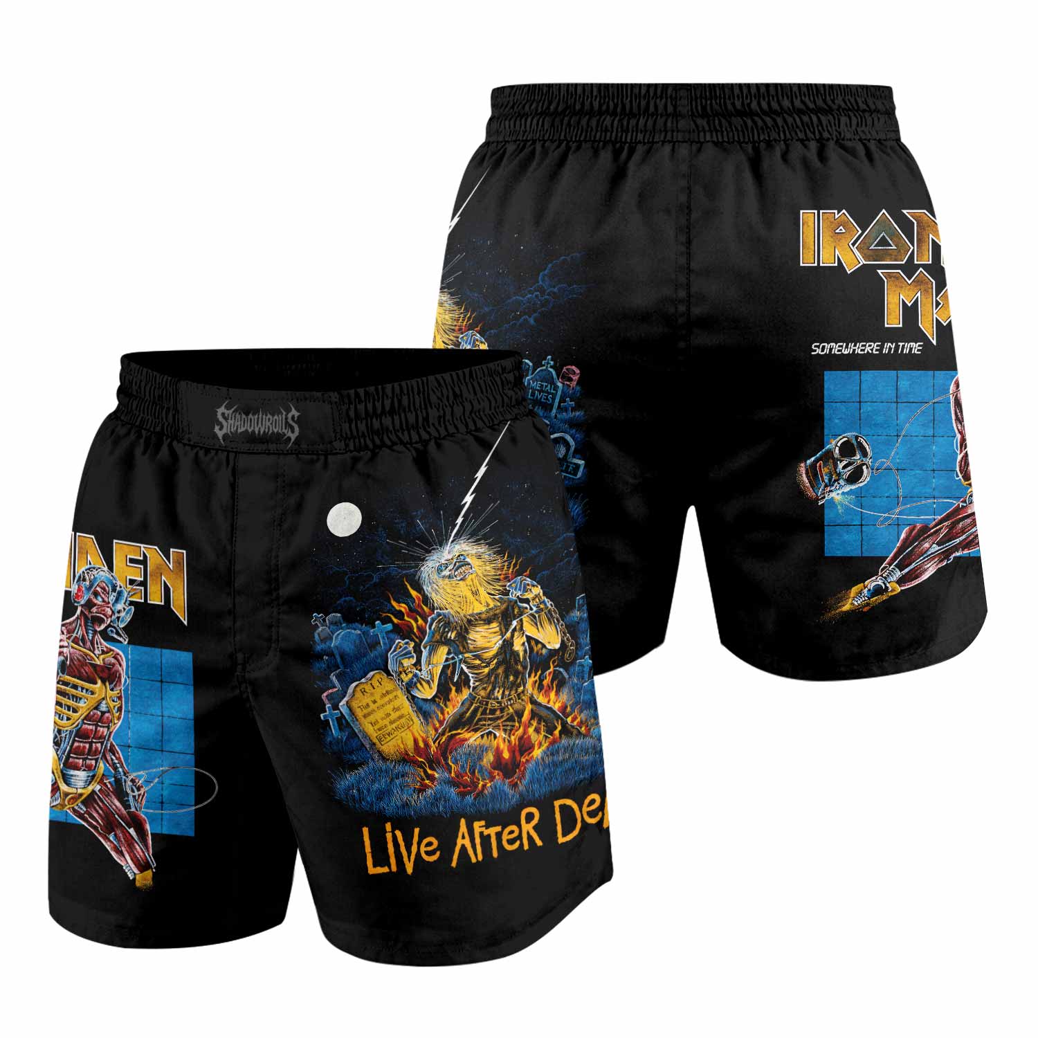 Iron Maiden Live After Death Grappling Shorts - front and back view