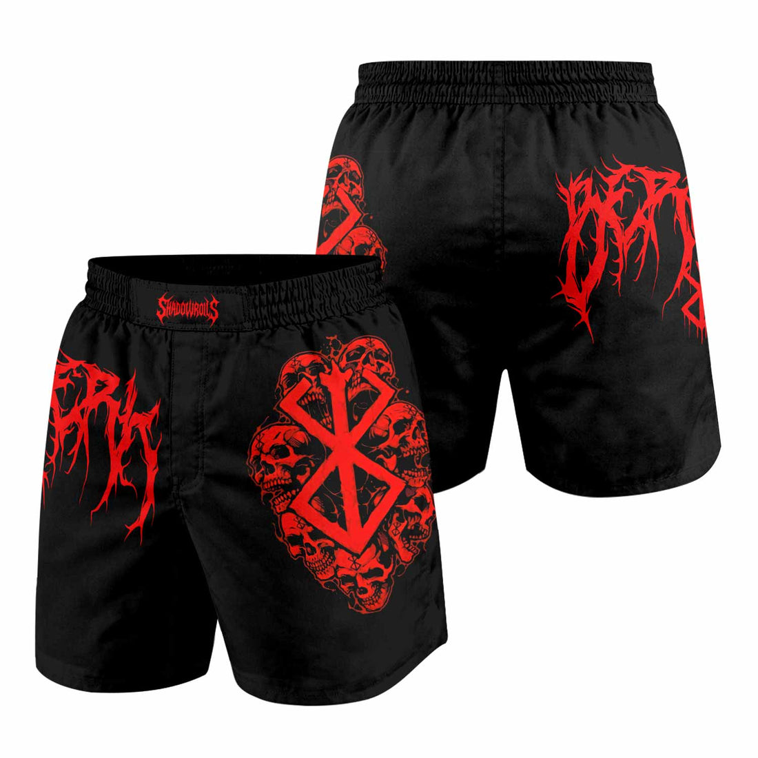 Berserk Metal Skull Knight Grappling Shorts - front and back view
