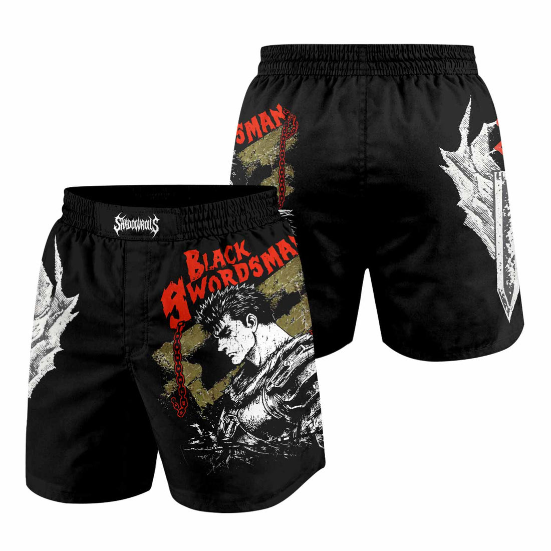 Berserk Black Swordsman Guts Grappling Shorts - front and back view