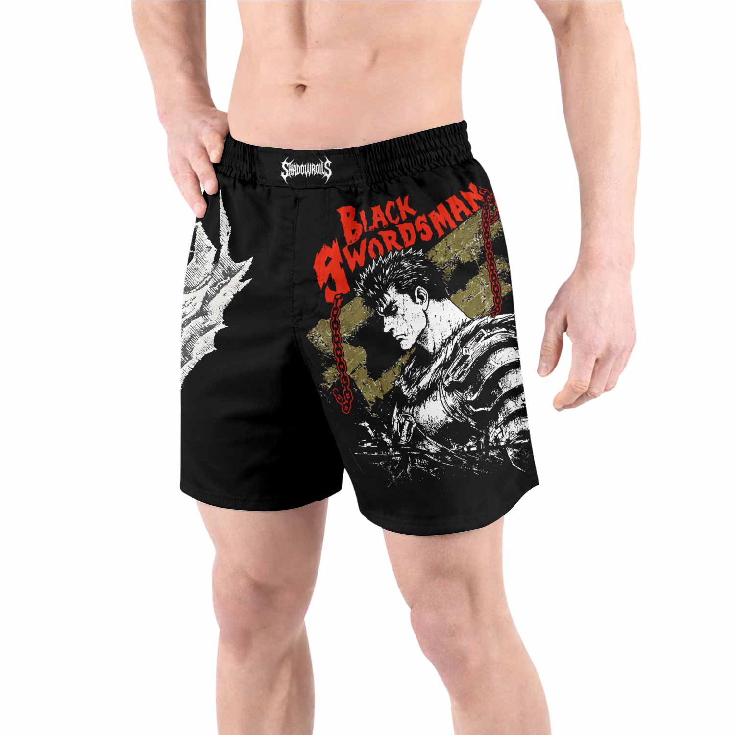 Berserk Black Swordsman Guts Grappling Shorts - front view lifestyle