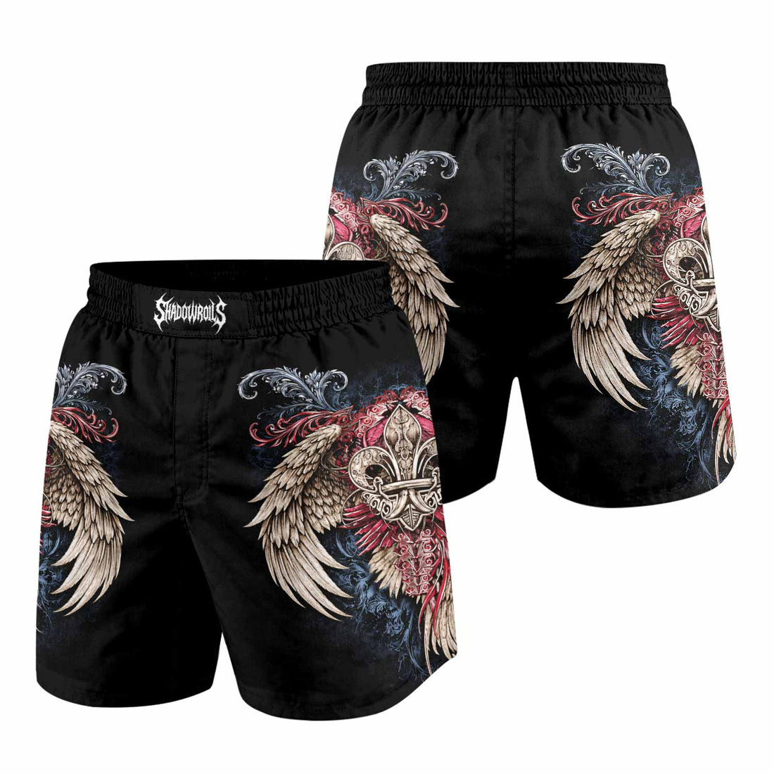 Metallic Embossed Angel Grappling Shorts - front and back view