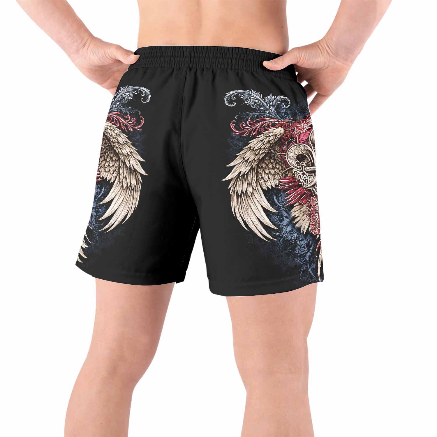Metallic Embossed Angel Grappling Shorts - back view lifestyle