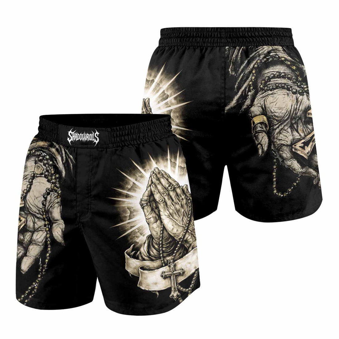 Praying Hands Skull Grappling Shorts - front and back view