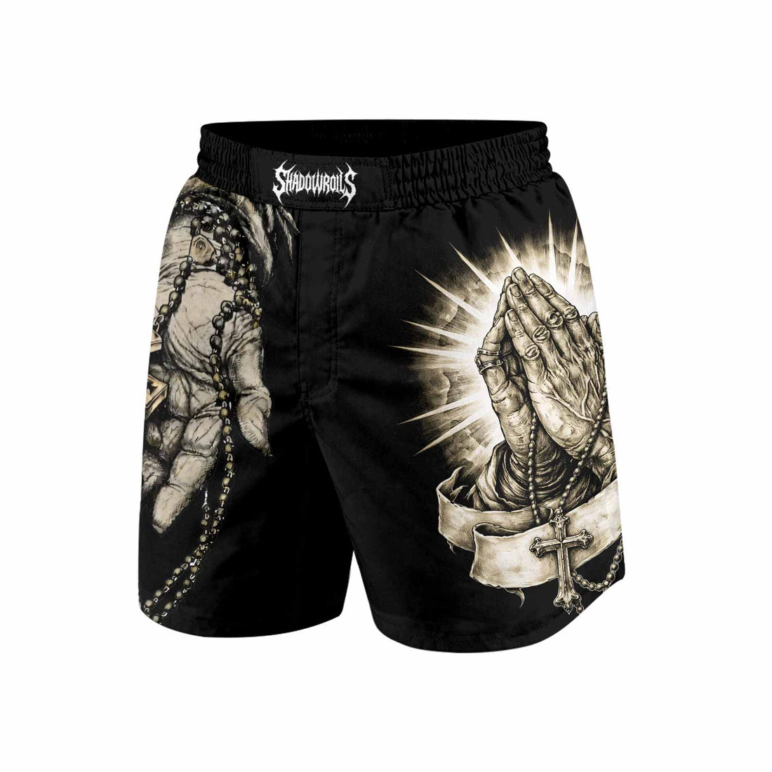 Praying Hands Skull Grappling Shorts - front and back view