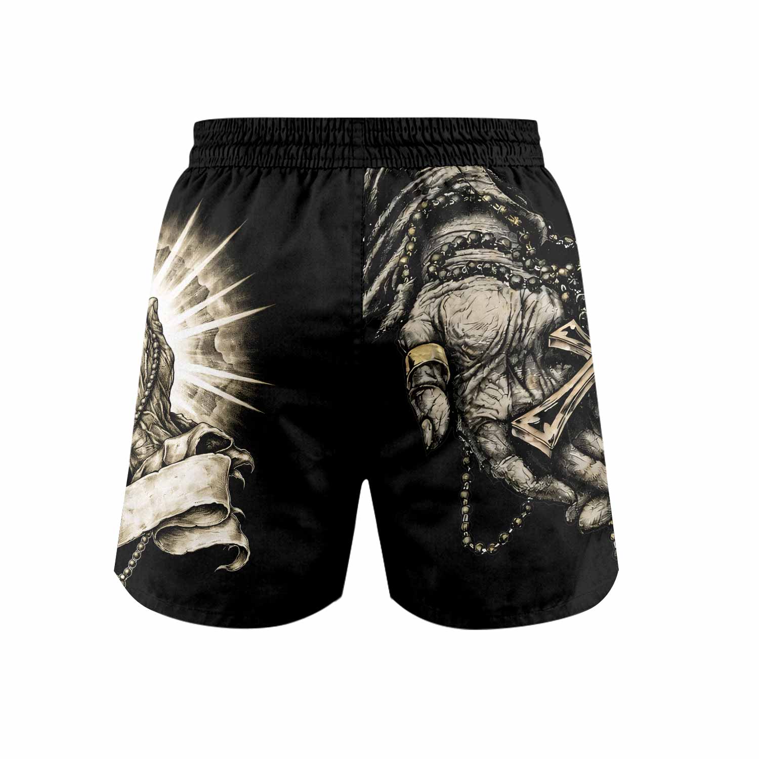 Praying Hands Skull Grappling Shorts - back view mockup
