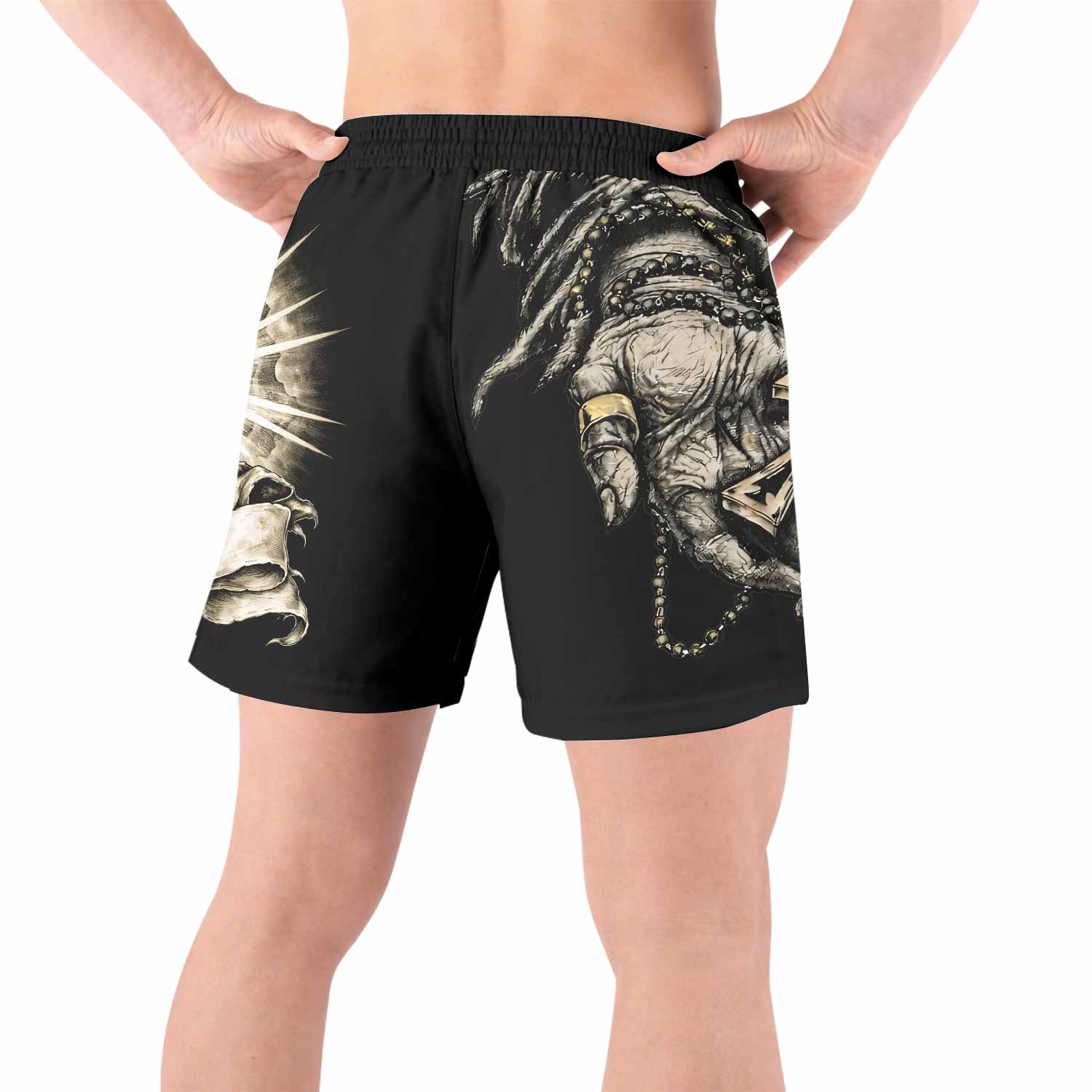 Praying Hands Skull Grappling Shorts - back view lifestyle