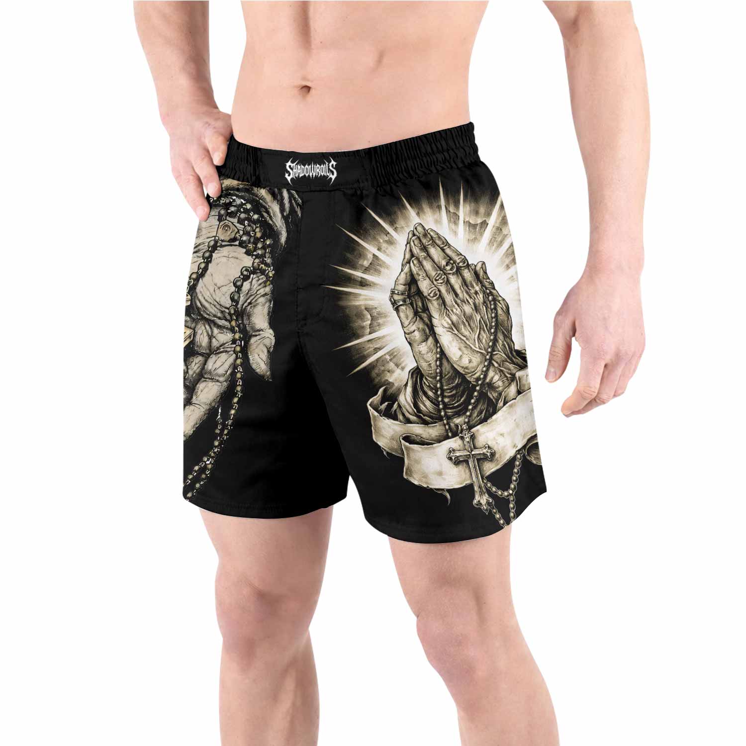 Praying Hands Skull Grappling Shorts - front view lifestyle