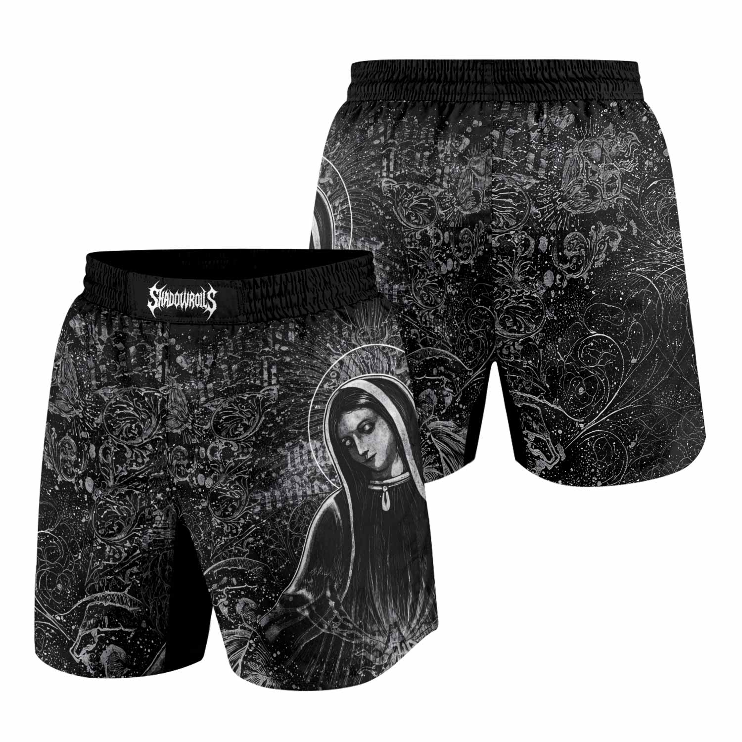 Virgin Mary Grappling Shorts - front and back view