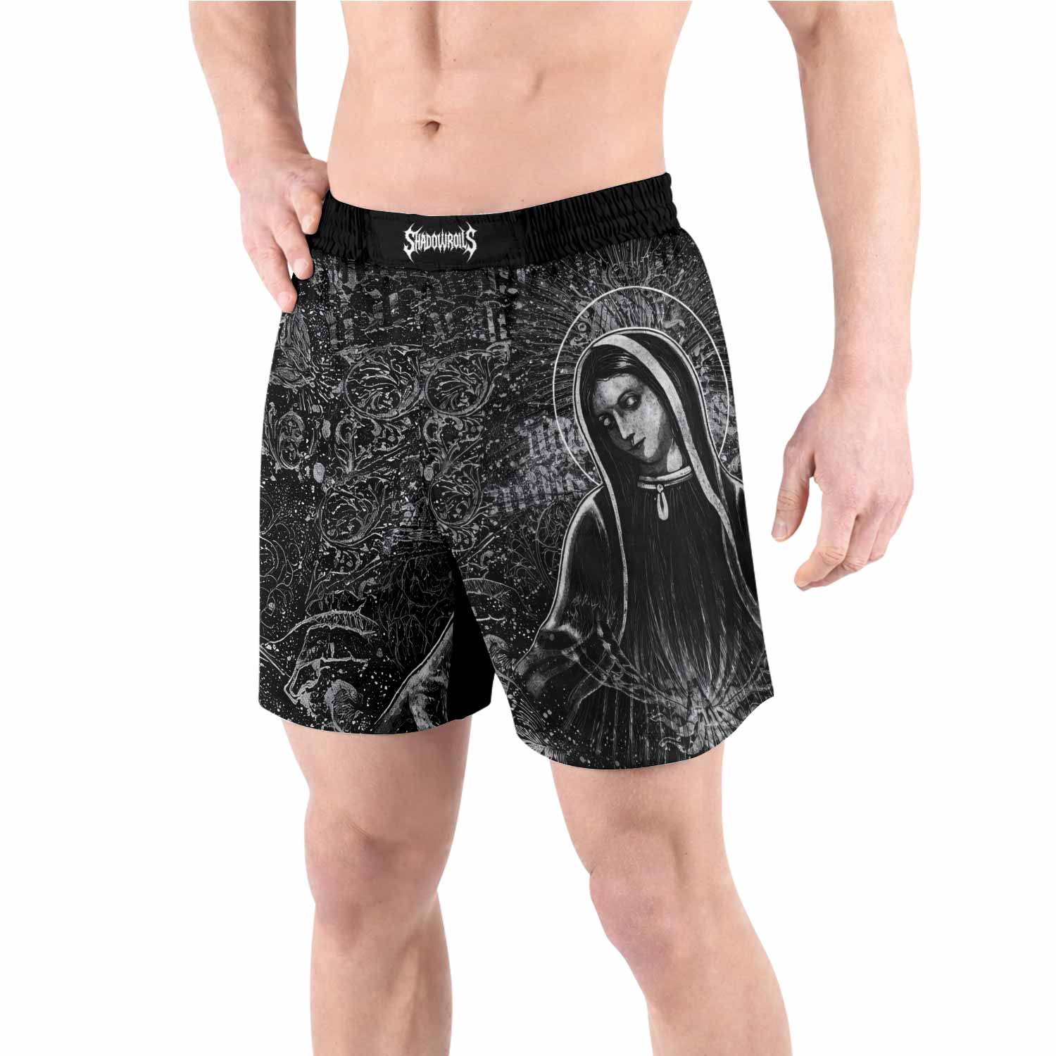 Virgin Mary Grappling Shorts - front view lifestyle