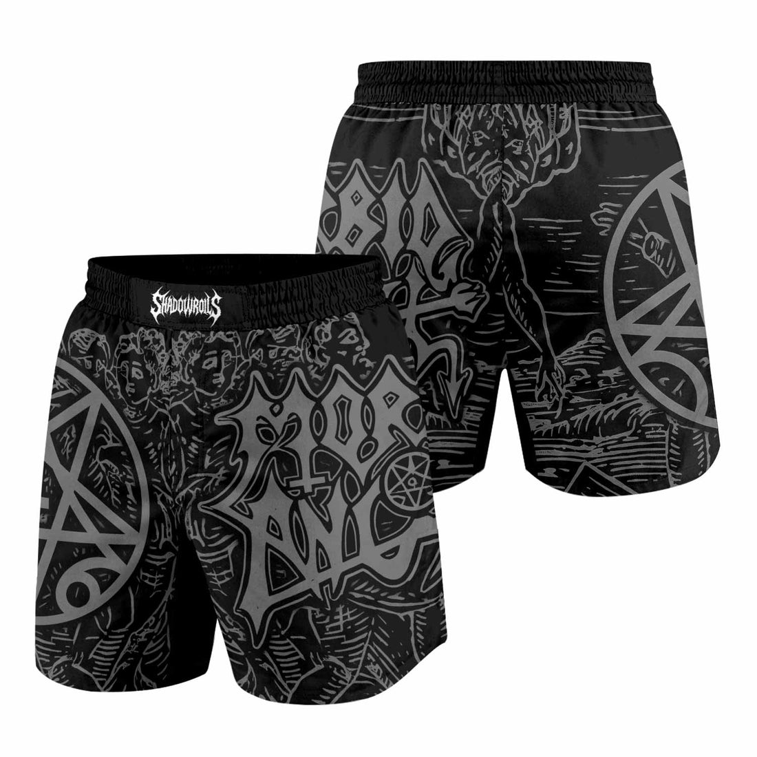 Morbid Angel Unholy Blasphemies Grappling Shorts - front and back view